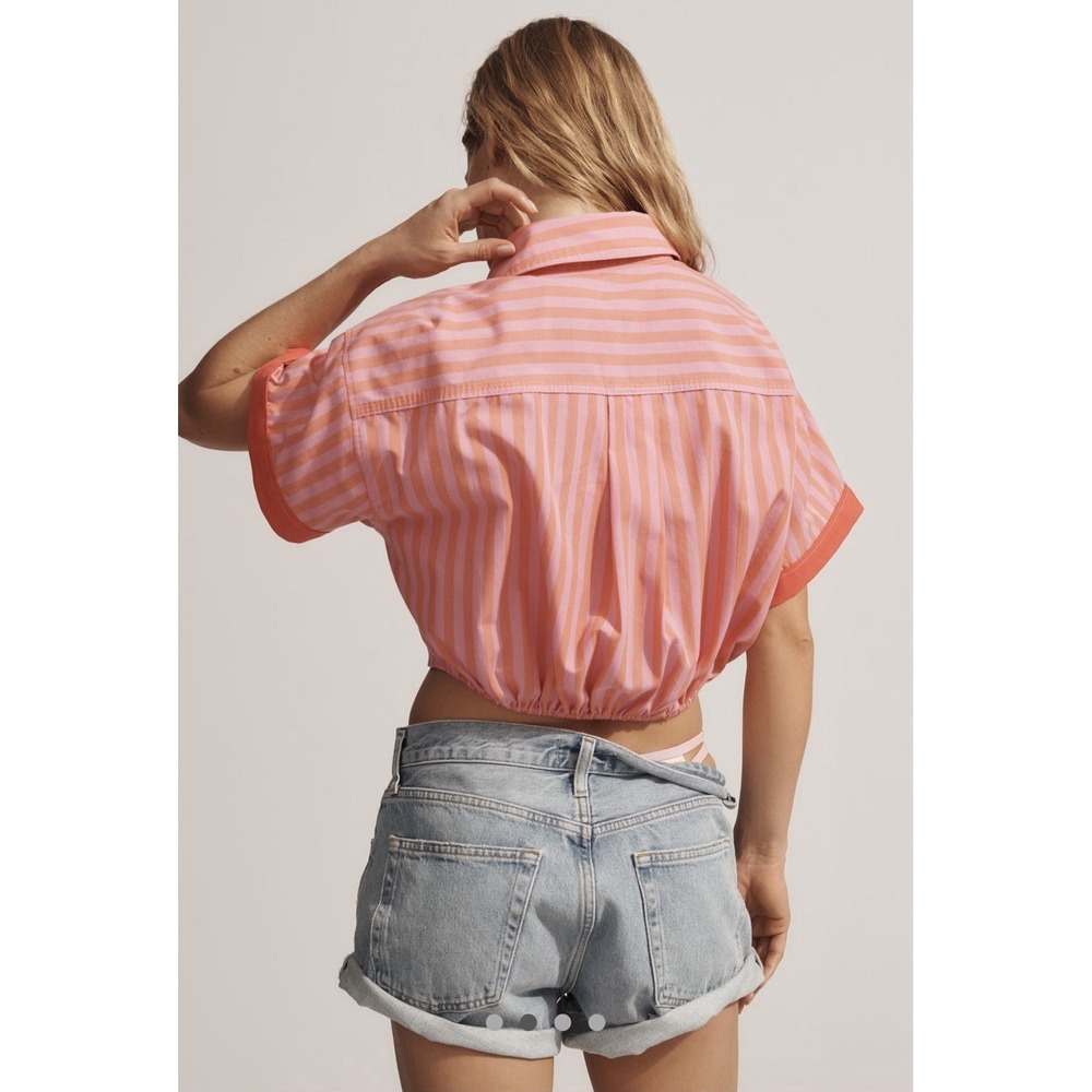 Anthropologie Maeve Monogram Cropped Shirt Sz S Crest Striped Button Up PJ Top - Picture 2 of 12